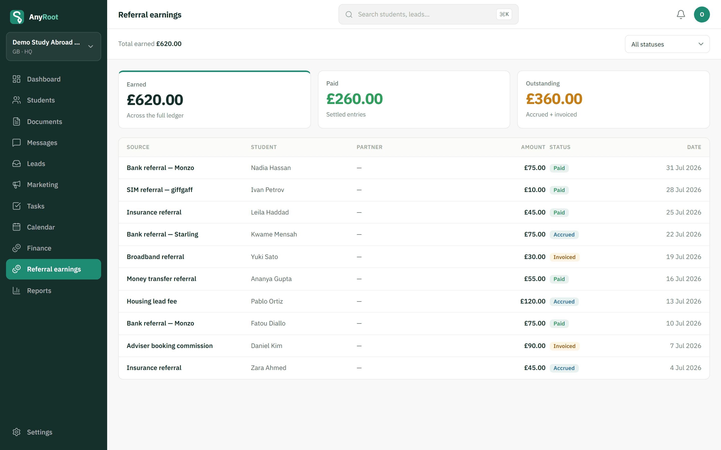The AnyRoot referral earnings ledger: earned, paid and outstanding totals with a line per student referral
