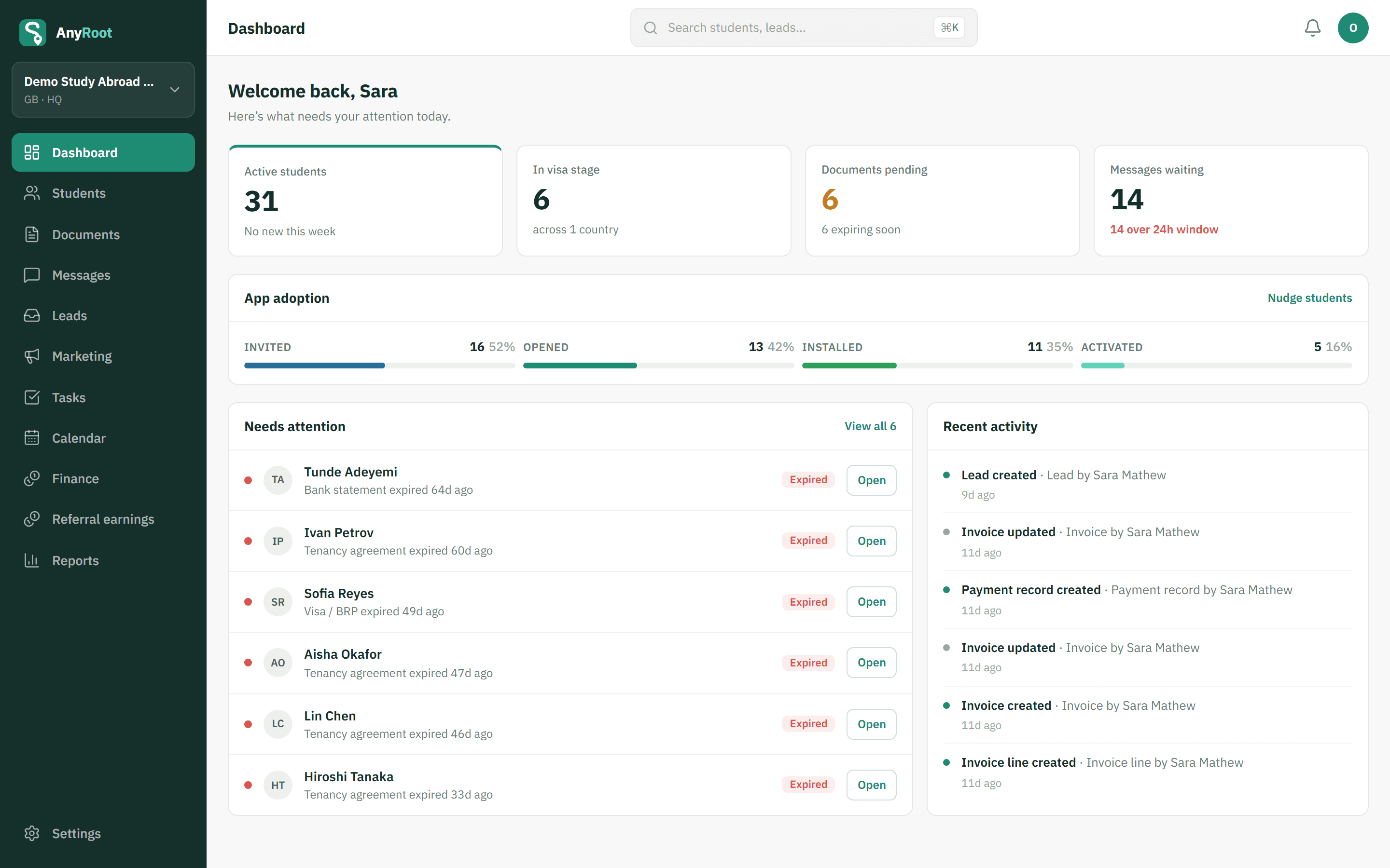 The AnyRoot agency console dashboard: active students, visa stage, documents pending, app adoption and a needs-attention list