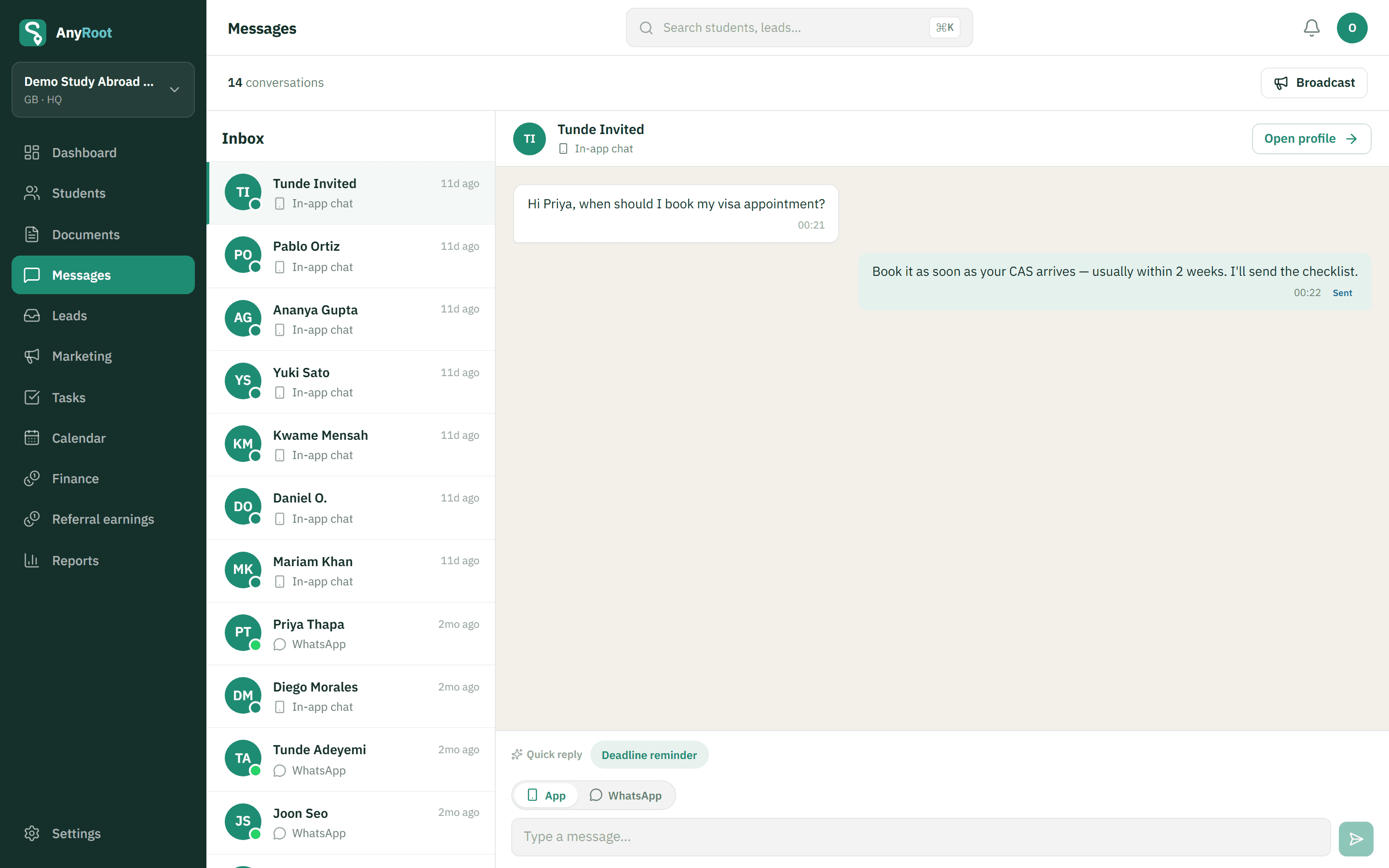 The AnyRoot messages inbox: in-app and WhatsApp conversations with students in one place